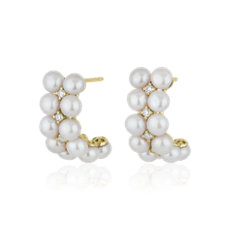 Double Row Pearl Hoop Earrings with Diamond Accents in 14k Yellow Gold