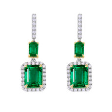 NEW Emerald and Diamond Drop Earrings in 18k Yellow and White Gold (9x7mm)