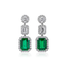 NEW Emerald and Diamond Drop Earrings in 18k White Gold