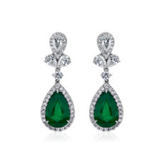 Emerald and Diamond Drop Earrings in 18k White Gold