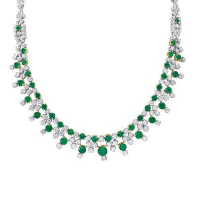 Round Emerald and Diamond Necklace in 18k White and Yellow Gold | Blue ...