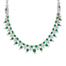 NEW Round Emerald and Diamond Necklace in 18k White and Yellow Gold