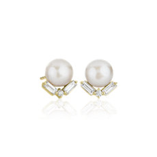 NEW Freshwater Pearl with Baguette Diamond Stud Earrings in 14k Yellow Gold
