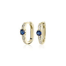 NEW Front Facing Sapphire and Diamond Hoop Earrings in 14k Yellow Gold