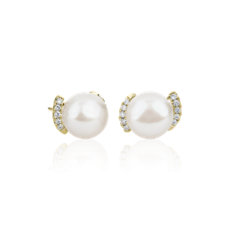 Freshwater Pearl with Diamond Accent Stud Earrings 14k Yellow Gold