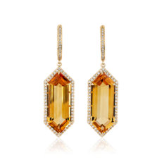 NEW Hexagon Citrine and Diamond Drop Earrings in 14k Yellow Gold