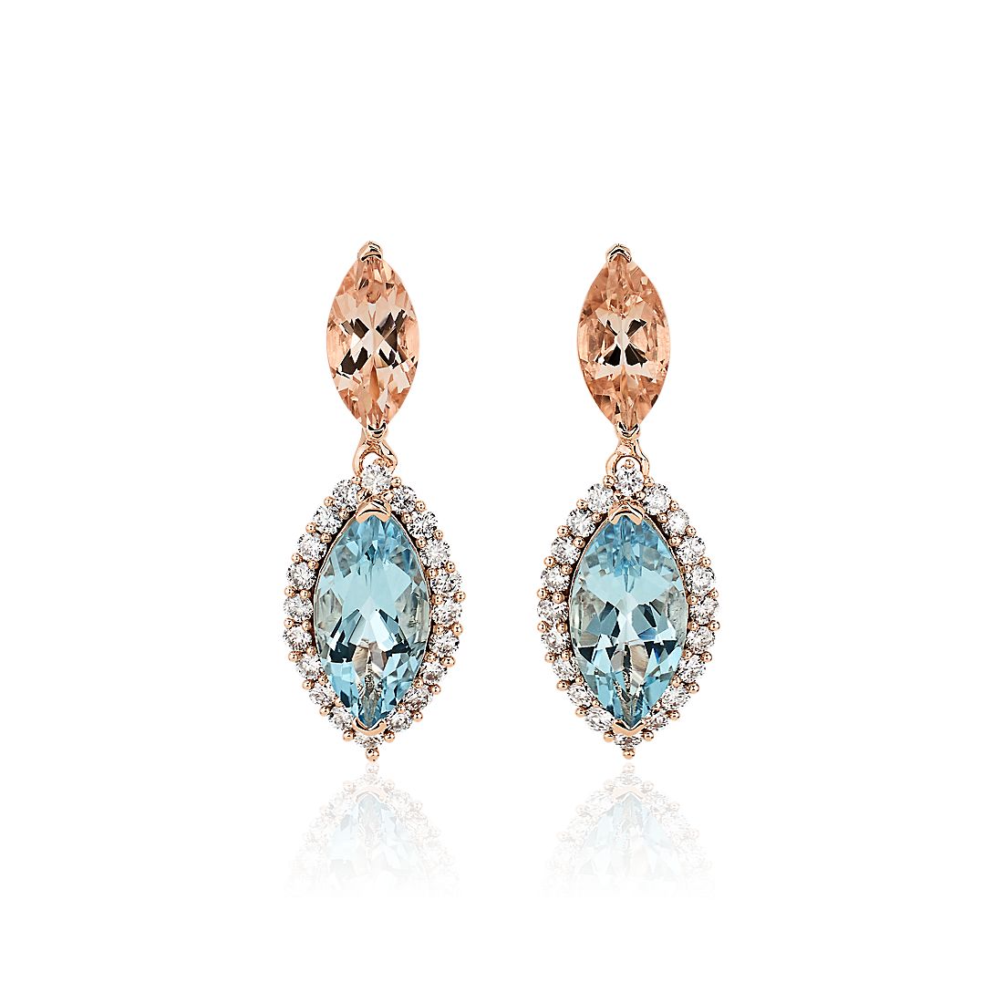 Morganite, Aquamarine and Diamond Drop Earrings in 14k Rose Gold