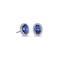 NEW Oval Tanzanite and Diamond Halo Stud Earrings in 14k White Gold (5x7mm)