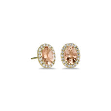 NEW Oval Morganite and Diamond Halo Stud Earrings in 14k Yellow Gold (5x7mm)
