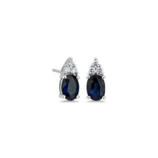 NEW Oval Sapphire and Diamond Cluster Stud Earrings in 14k White Gold