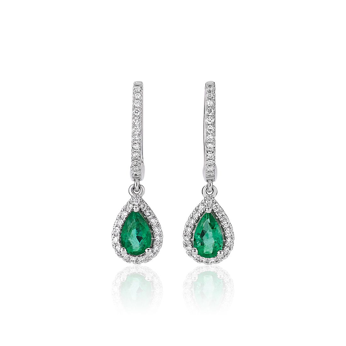 Pear Emerald and Diamond Halo Drop Earrings in 14k White Gold (6x4mm)