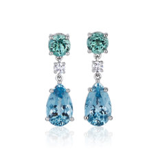NEW Pear Shaped Aquamarine and Tourmaline Drop Earrings in 18k White Gold