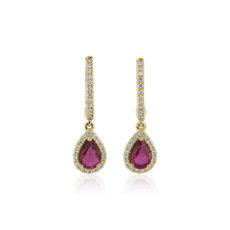 Pear Ruby and Diamond Halo Drop Earrings in 14k Yellow Gold (6x4mm)