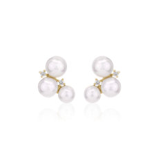 NEW Pearl and Diamond Cluster Stud Earring in 14k Yellow Gold