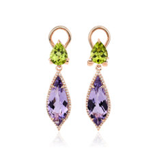 NEW Peridot and Amethyst Diamond Drop Earrings in 14k Rose Gold