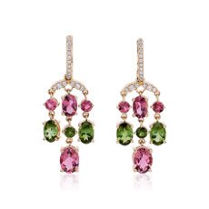 NEW Pink and Green Tourmaline Chandelier Earrings in 14k Yellow Gold