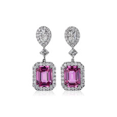 Pink Sapphire and Diamond Drop Earrings in 18k White Gold