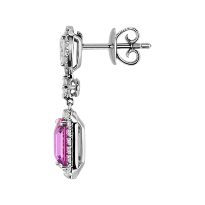 Pink Sapphire and Diamond Drop Earrings in 18k White Gold