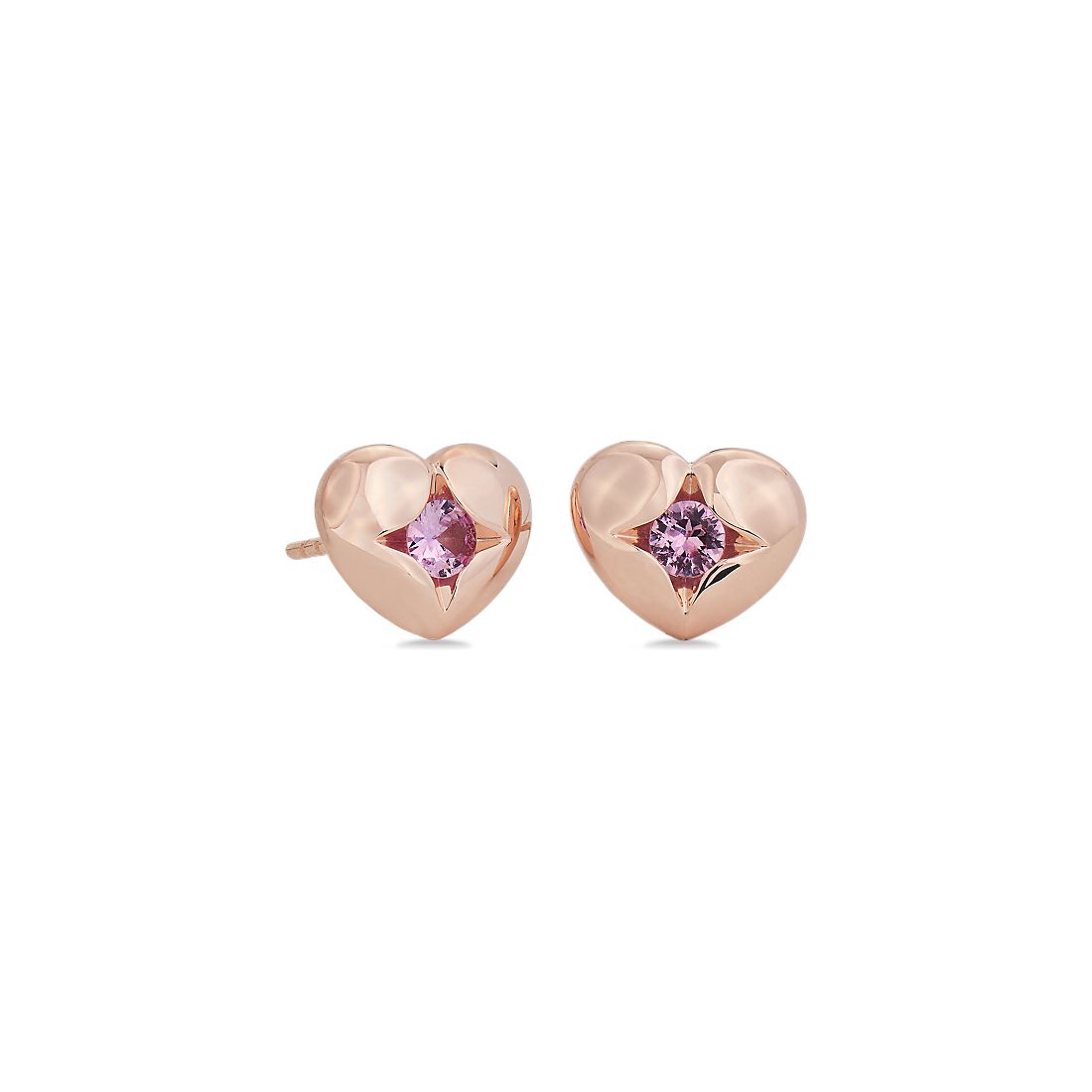 Pink Sapphire Inlay Heart Stud Earrings in 14k Rose Gold