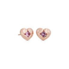NEW Pink Sapphire Inlay Heart Stud Earrings in 14k Rose Gold