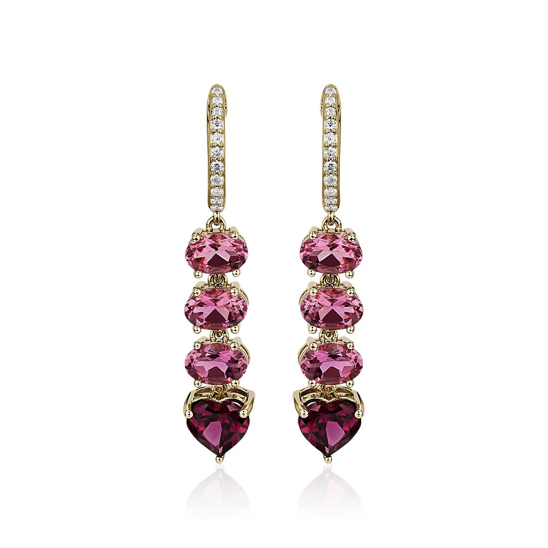 Pink Tourmaline, Rhodolite and Diamond Drop Earrings in 14K Yellow Gold
