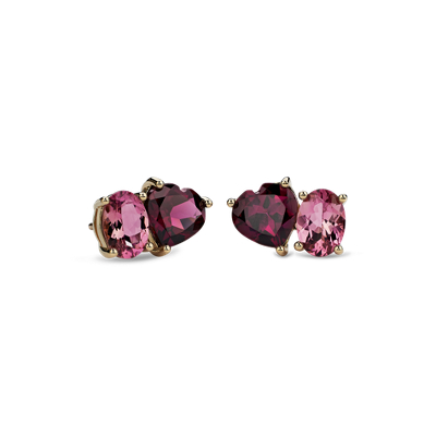 Pink Tourmaline and Rhodolite Two Stone Earrings in 14K Yellow Gold