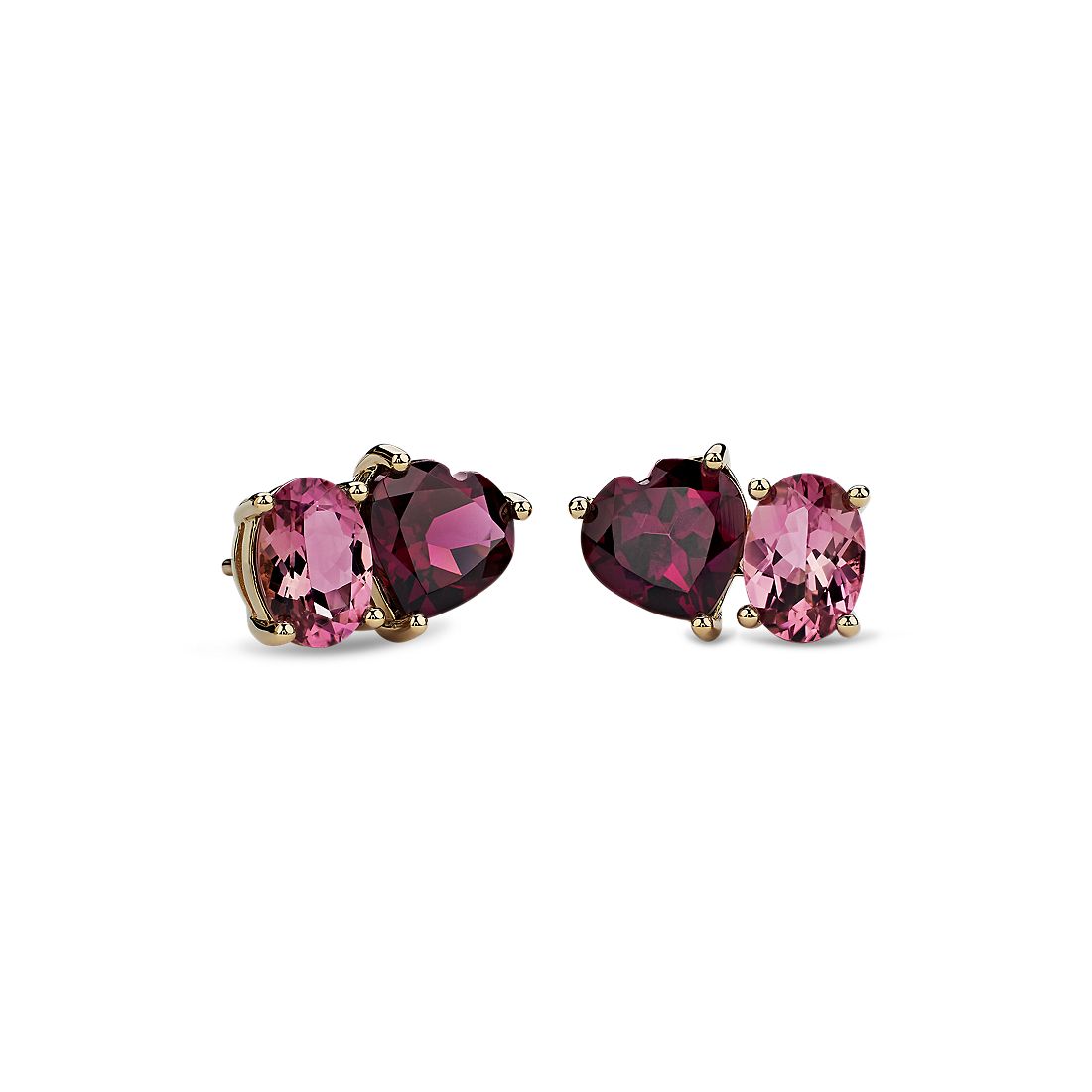 Pink Tourmaline and Rhodolite Two Stone Earrings in 14K Yellow Gold