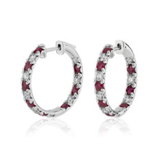 新款 14k 白金相間排列紅寶石與鑽石法式密釘圈形耳環