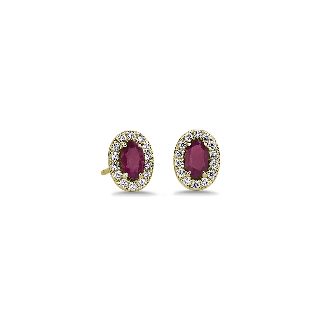 Oval Ruby and Diamond Halo Stud Earrings in 14k Yellow Gold (5x3mm)