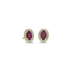 NEW Oval Ruby and Diamond Halo Stud Earrings in 14k Yellow Gold (5x3mm)