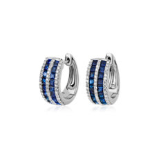 NEW Sapphire and Diamond Huggie Hoop Earrings in 14k White Gold