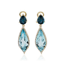 NEW Sky Blue and London Blue Topaz with Diamond Drop Earrings in 14k Yellow Gold