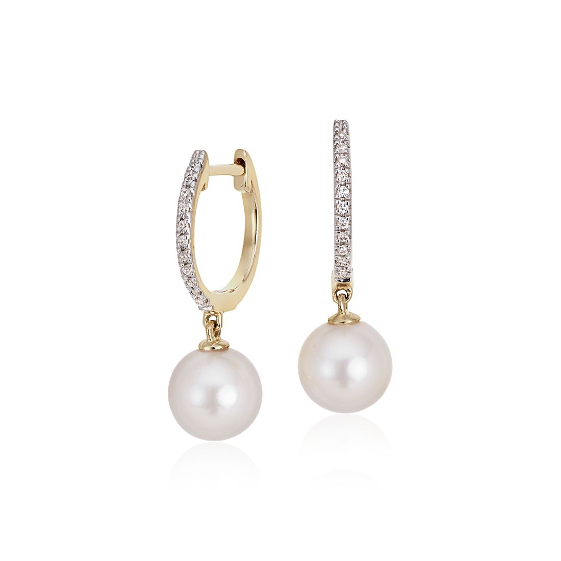 6-6.5mm White Round Akoya Saltwater Cultured Pearls and Diamonds 0.06 cttw in 14K Gold Lever-back Huggie Ball Earrings Handpicked AAA 