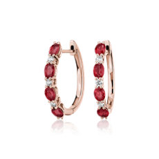 Alternating Oval Ruby and Round Diamond Small Hoop Earrings in 14k Rose Gold