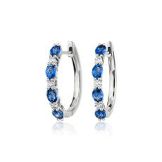 Alternating Oval Sapphire and Round Diamond Small Hoop Earrings in 14k White Gold
