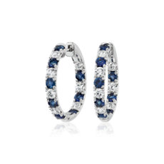 Alternating Sapphire and Diamond French Pave Hoop Earrings in 14k White Gold 