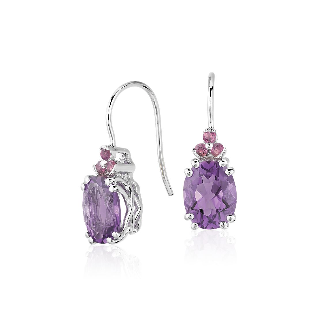 Amethyst and Pink Tourmaline Drop Earrings in Sterling Silver (9x7mm)
