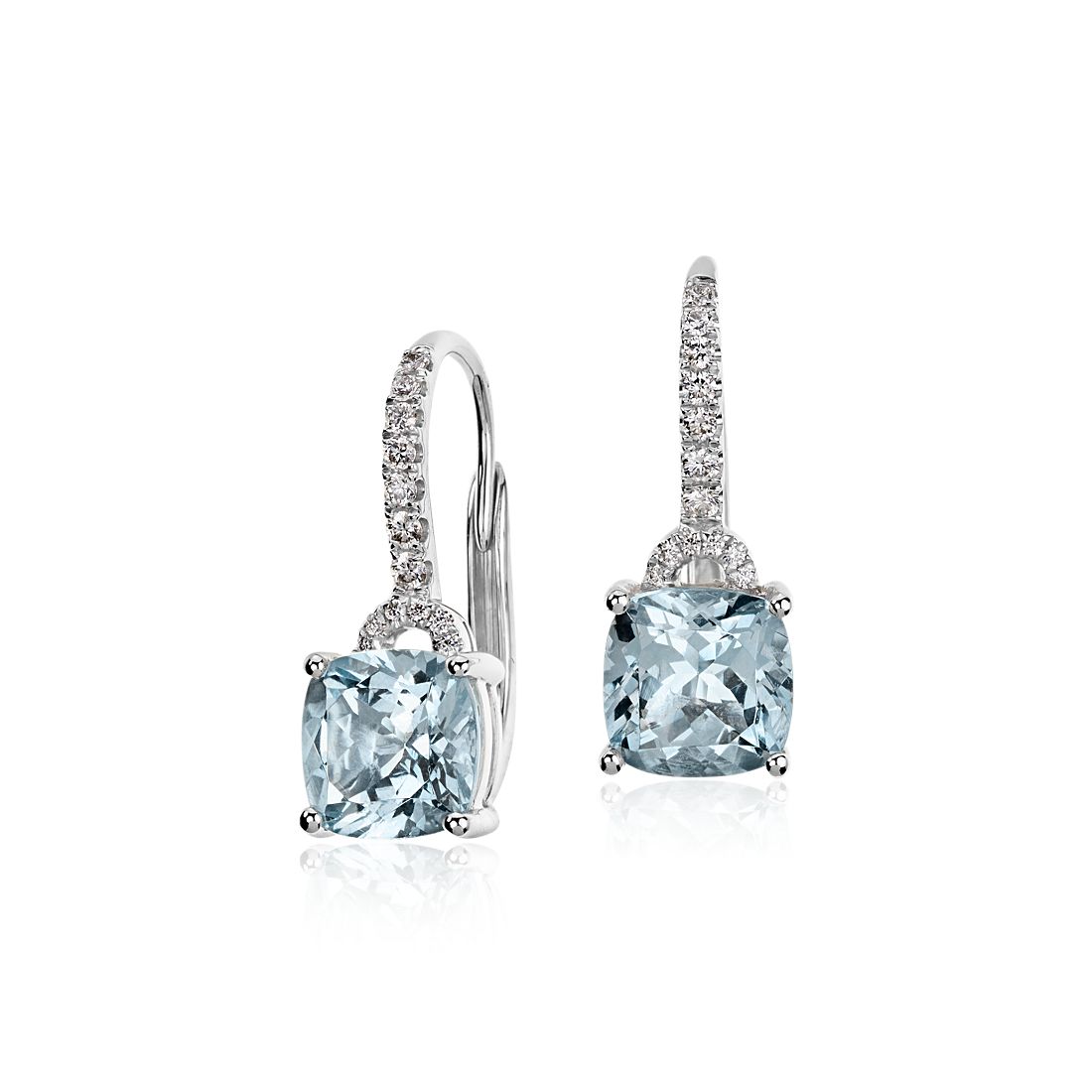 Aquamarine Cushion and Diamond Drop Earrings in 14k White Gold (7x7mm)