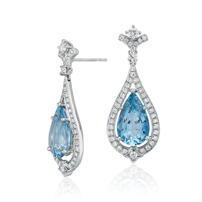 Pear-Shape Aquamarine and Diamond Halo Drop Earrings in 18k White Gold ...