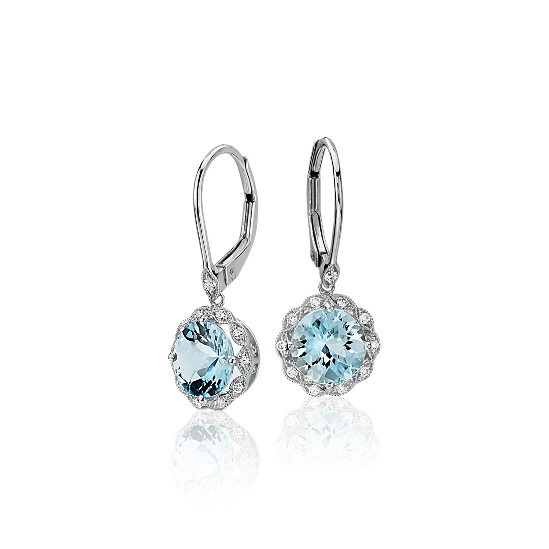 14k 白金海蓝宝石与钻石锯状纹光环杆杠耳钩吊式耳环（7 毫米）