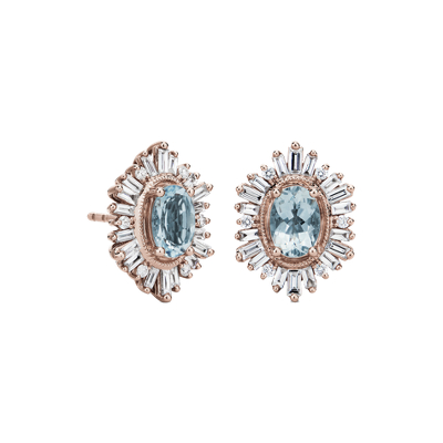 Oval Aquamarine with Baguette Halo Earrings in 14k Rose Gold 7x5mm