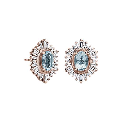 Oval Aquamarine with Baguette Halo Earrings in 14k Rose Gold (7x5mm) | Blue  Nile