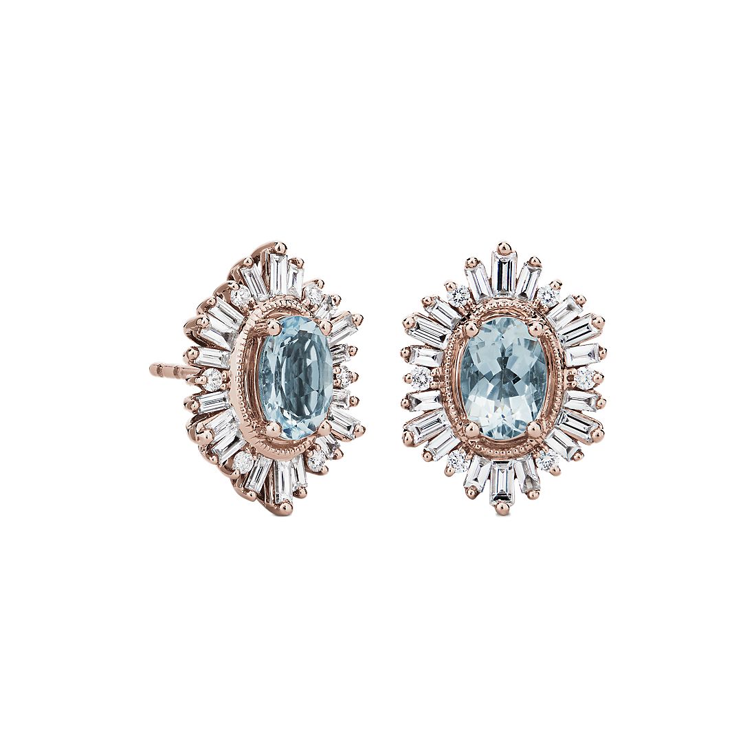 Oval Aquamarine with Baguette Halo Earrings in 14k Rose Gold (7x5mm)