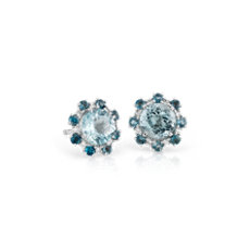 Aquamarine and London Blue Topaz Diamond Halo Stud Earrings in 14k White Gold (6mm)