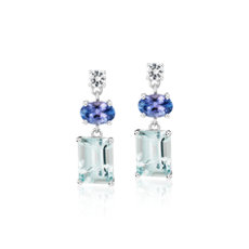 925 纯银海蓝宝石、坦桑石与白色蓝宝石混合形状吊式耳环
