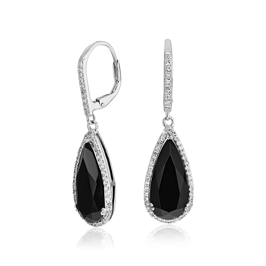 Pear-Shaped Black Onyx Drop Earrings with White Topaz Halo in Sterling Silver (18x8mm)