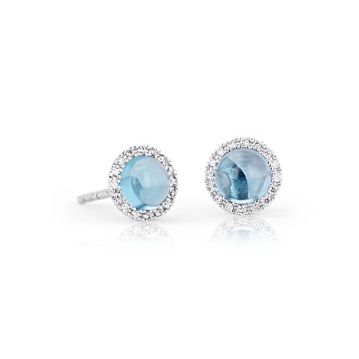 Petite Swiss Blue Topaz Earrings with Diamond Halo in 14k White 