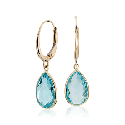 14K Yellow Gold Earrings with Dangling Pear Shape and Round Blue Topaz Gemstones 