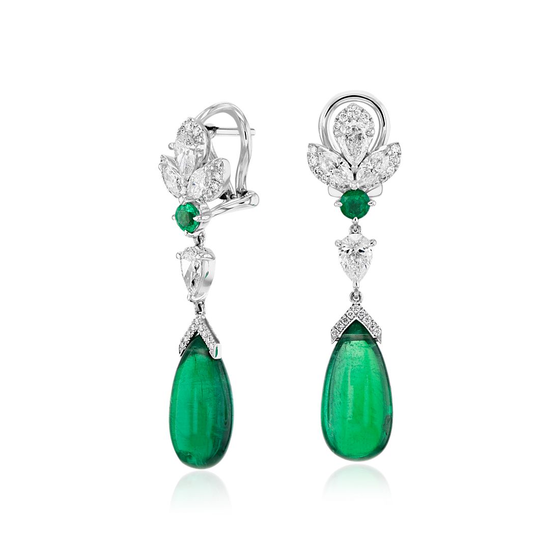 Cabachon Emerald and Diamond Teardrop Earrings in 18k White Gold (14x7mm)