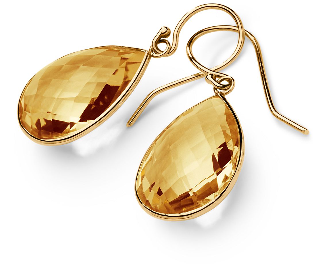 14k Yellow Gold Oval Citrine Bezel Lever-back Earrings 